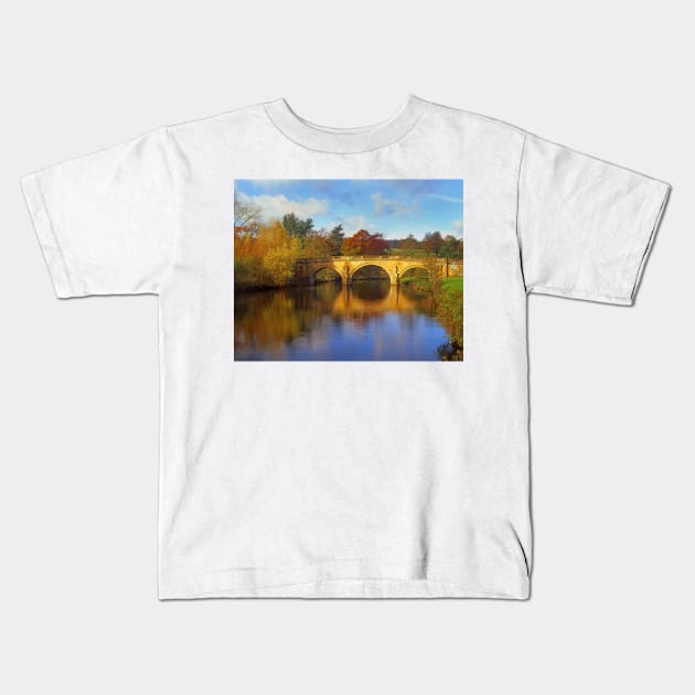 Queen Marys Bower Bridge, Chatsworth Kids T-Shirt by galpinimages